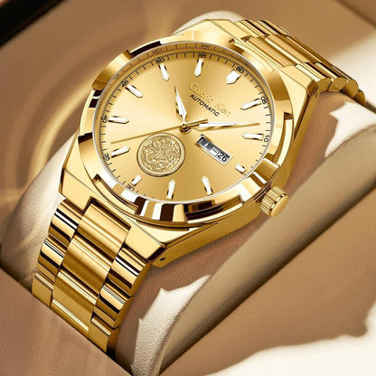 Calonic Kien Men'S Luxury Swiss Automatic Gold Watch with Dual Calendar 42Mm Stainless Steel Band Luminous Display Water Resistance Buckle