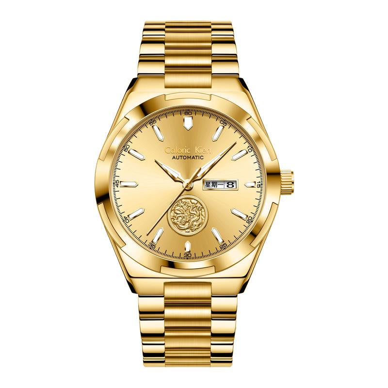 Calonic Kien Men'S Luxury Swiss Automatic Gold Watch with Dual Calendar 42Mm Stainless Steel Band Luminous Display Water Resistance Buckle