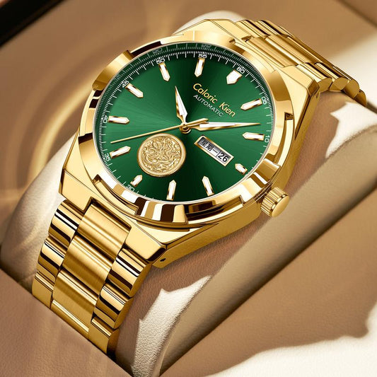 Calonic Kien Men'S Luxury Swiss Automatic Gold Watch with Dual Calendar 42Mm Stainless Steel Band Luminous Display Water Resistance Buckle