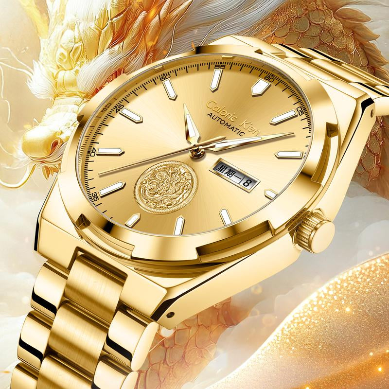 Calonic Kien Men'S Luxury Swiss Automatic Gold Watch with Dual Calendar 42Mm Stainless Steel Band Luminous Display Water Resistance Buckle