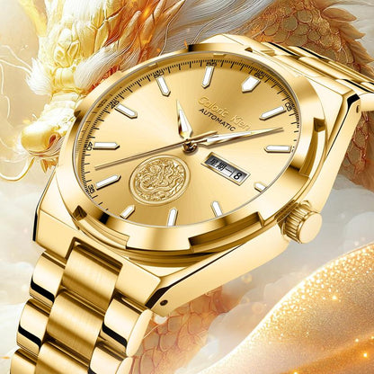 Calonic Kien Men'S Luxury Swiss Automatic Gold Watch with Dual Calendar 42Mm Stainless Steel Band Luminous Display Water Resistance Buckle