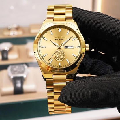 Calonic Kien Men'S Luxury Swiss Automatic Gold Watch with Dual Calendar 42Mm Stainless Steel Band Luminous Display Water Resistance Buckle