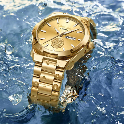 Calonic Kien Men'S Luxury Swiss Automatic Gold Watch with Dual Calendar 42Mm Stainless Steel Band Luminous Display Water Resistance Buckle
