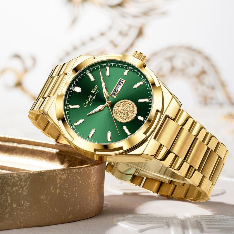 Calonic Kien Men'S Luxury Swiss Automatic Gold Watch with Dual Calendar 42Mm Stainless Steel Band Luminous Display Water Resistance Buckle