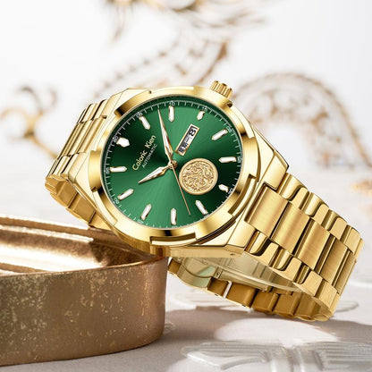 Calonic Kien Men'S Luxury Swiss Automatic Gold Watch with Dual Calendar 42Mm Stainless Steel Band Luminous Display Water Resistance Buckle