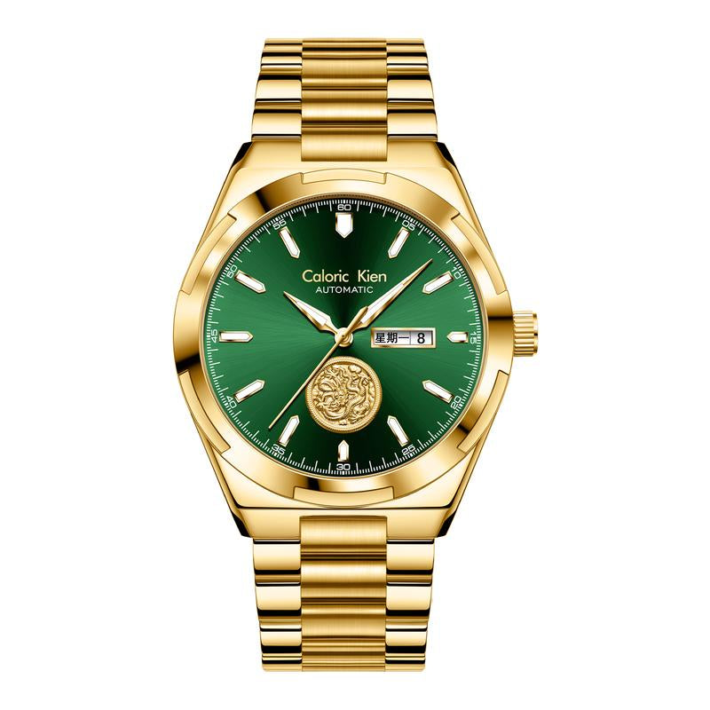 Calonic Kien Men'S Luxury Swiss Automatic Gold Watch with Dual Calendar 42Mm Stainless Steel Band Luminous Display Water Resistance Buckle